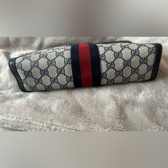 Beige and Navy GG Monogram Clutch with Striped Logo Accent - Picture 5 of 8